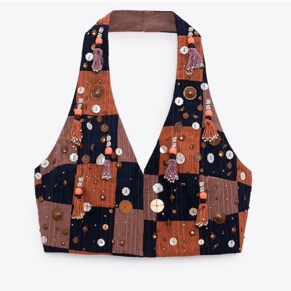 ZARA | Boho Halter Embellished Beaded Fringe Vest - Picture 12 of 15